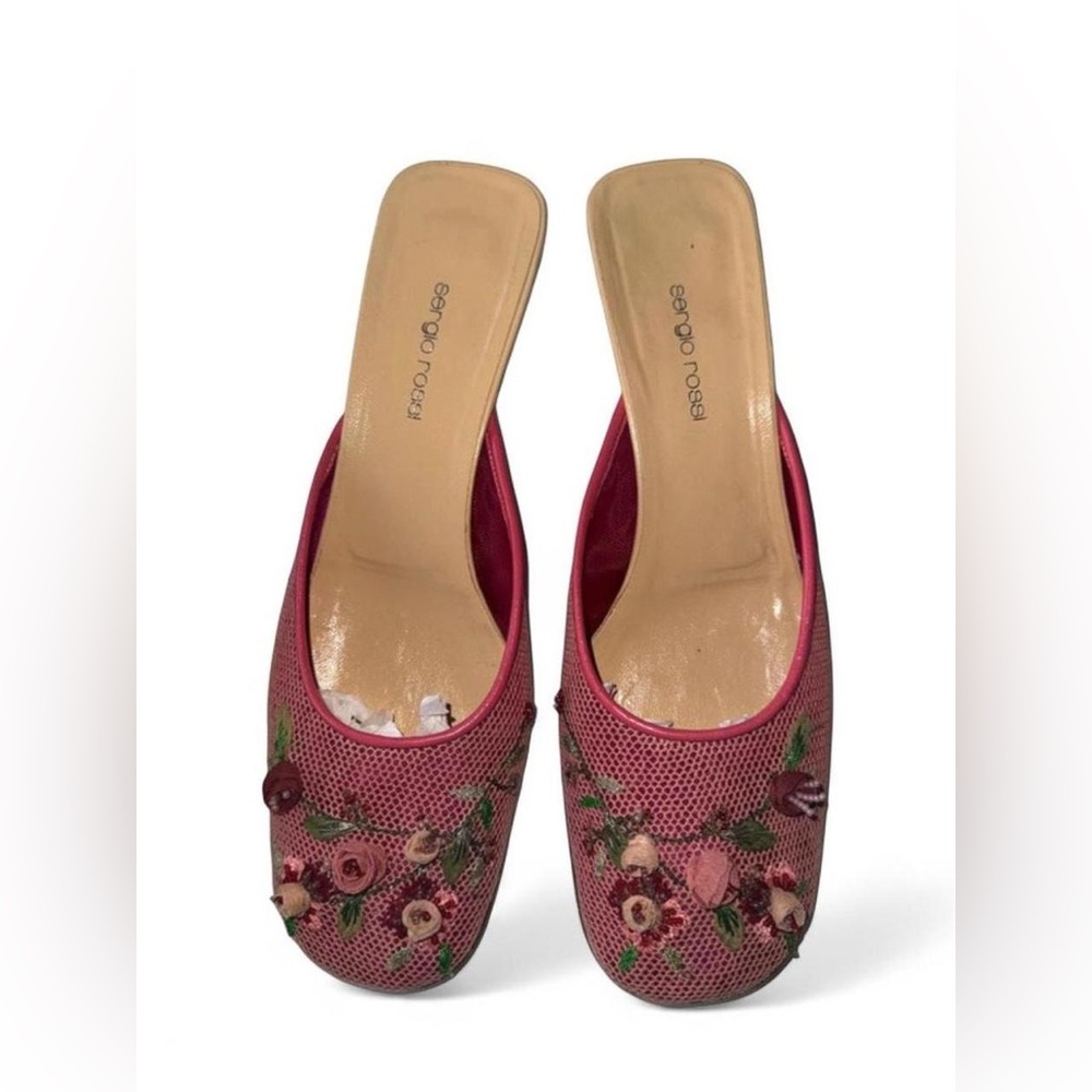 Sergio Rossi Rose Pink Embroidered Y2K Coquette Whimsy Beaded Floral Mules
